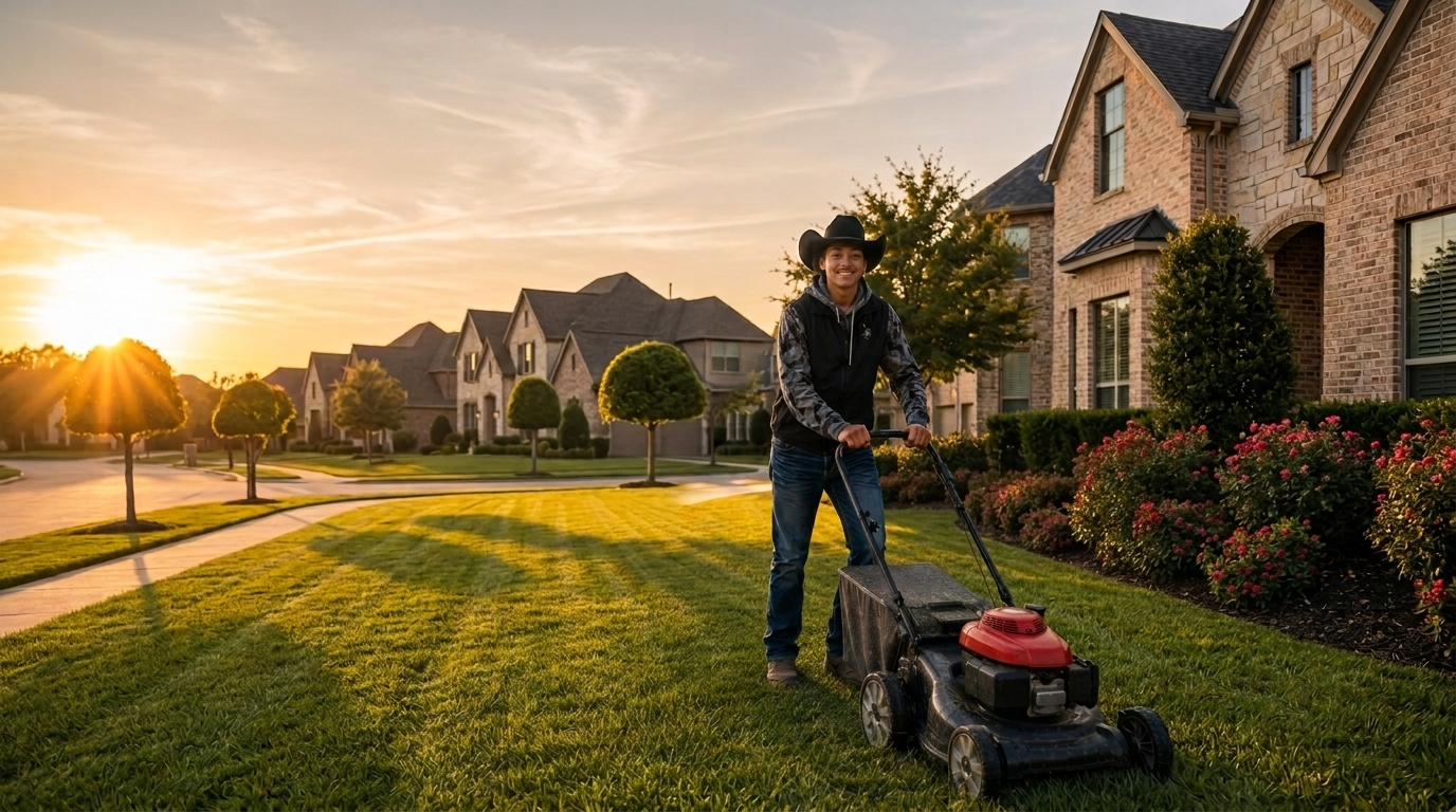 Aleck Hunte mowing a manicured lawn at sunset in a North Texas neighborhood